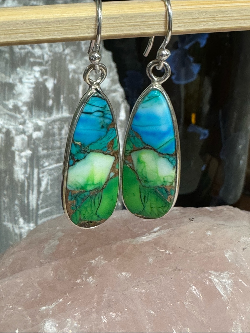 Peacock Turquoise Dahlia Sterling Silver Teardrop Earrings - Kingman